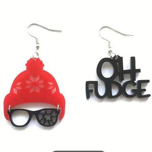 Earrings "Christmas Story': "OH FUDGE" Red Winter Hat n Glasses w Broken lens